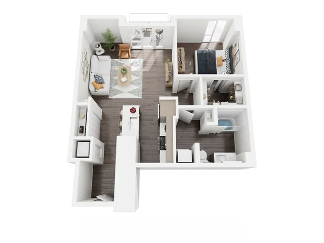 Modern 3D floor plan showcasing 1 bedroom, open-concept living and dining area, sleek kitchen, and stylish bathroom.