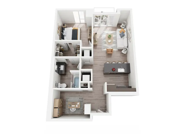 Contemporary 3D floor plan showcasing a beautifully organized apartment with one bedroom, open living area, modern kitchen island, and spacious washroom.