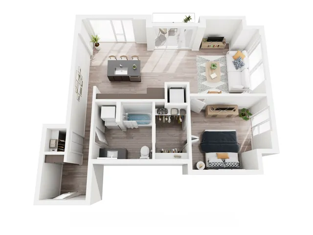 Modern 3D floor plan showcasing 1 bedroom apartment with open-concept kitchen, cozy living area, and sleek bathroom; abundant natural light throughout.