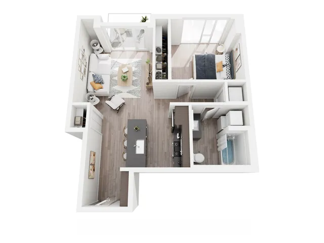 Modern 3D floor plan showcasing a cozy 1-bedroom apartment with an open-concept living area, sleek kitchen, and contemporary bathroom.