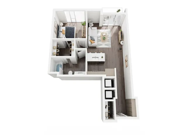 Modern 3D floor plan showcasing a cozy 1-bedroom apartment with an open-concept living area and balcony access.