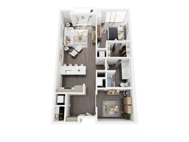 Elegant 3D apartment layout showcasing a chic open-concept living and dining area, modern kitchen with island, well-appointed bedroom, and stylish bathroom.