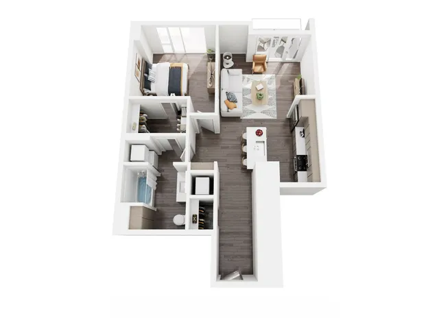 Modern floor plan with open-concept living room, kitchenette, cozy bedroom, and sleek bathroom, ideal for stylish city living.