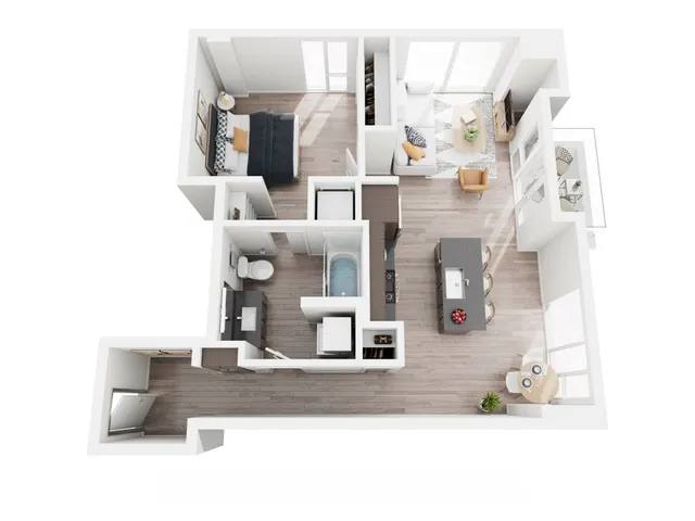 Modern 3D floor plan of a chic apartment featuring a cozy bedroom, open-concept kitchen, stylish living area, and spacious bathroom.