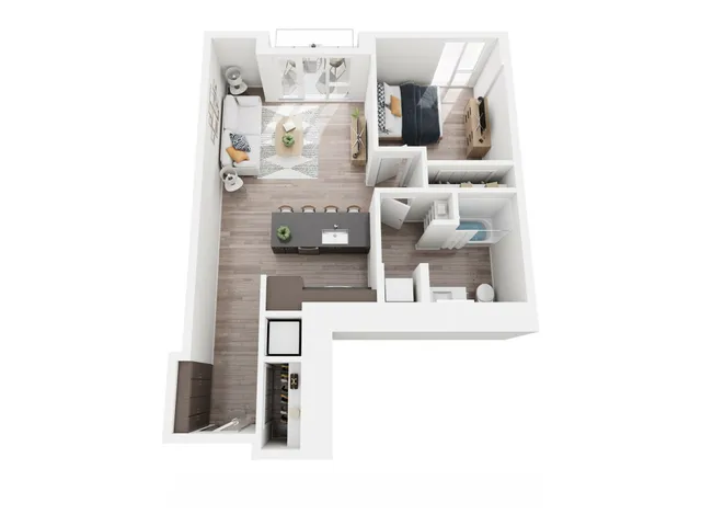 Modern 3D floor plan showcasing an inviting open-plan living area, a cozy bedroom, and a sleek kitchen with contemporary design elements.
