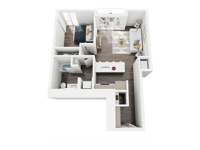 Modern 3D floor plan showcasing two stylish bedrooms, sleek bathroom, open-concept living room with a cozy dining area, and a contemporary kitchen.