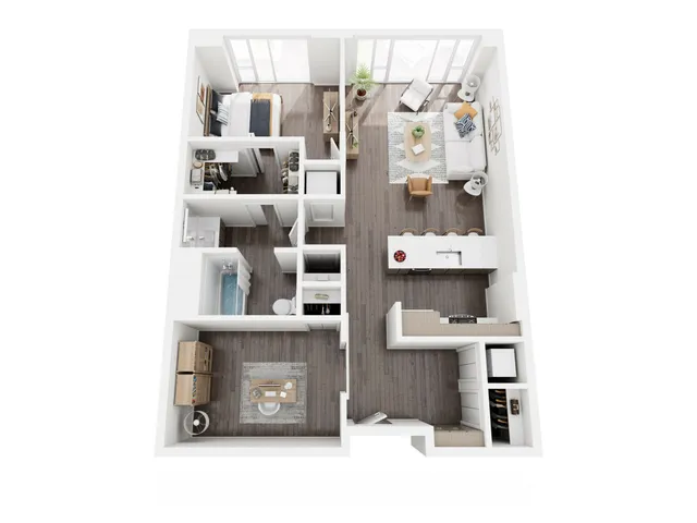 Modern open-concept apartment floor plan showcasing a cozy bedroom, sleek kitchen, and inviting living area with natural light.