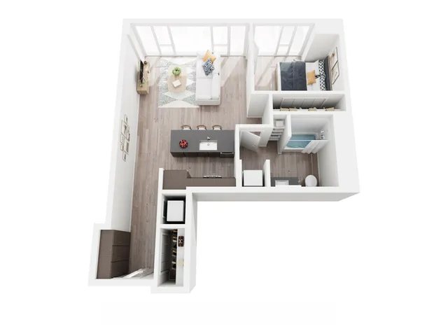 Modern 3D apartment floor plan featuring a cozy bedroom, open-concept living area with sleek kitchen island, and bright windows for natural light.