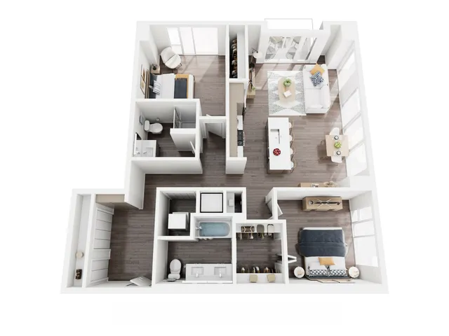 Modern 3D floor plan showcasing a stylish layout with two bedrooms, two bathrooms, an open-concept living room, and a sleek kitchen with an island, bathed in natural light.