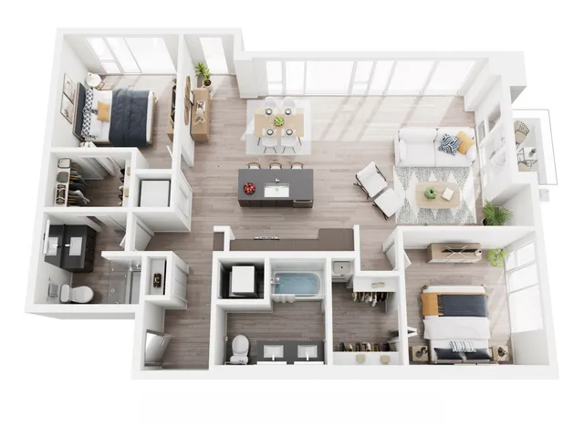 Chic 3D floor plan showcasing two spacious bedrooms, open-concept living and dining area, elegant kitchen island, modern bathrooms, and a cozy balcony.