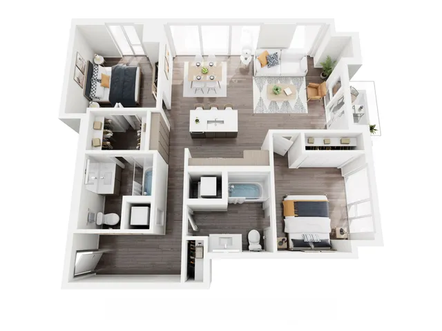 Modern 3D apartment floor plan featuring 2 bedrooms, spacious living room, elegant kitchen, and dining area with natural light.