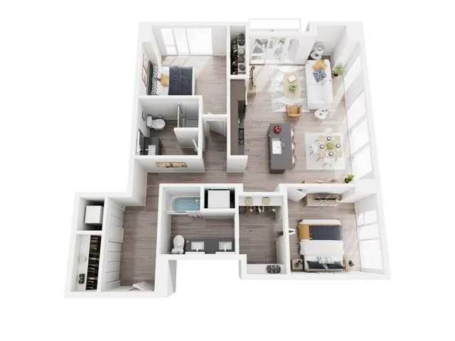 Modern 3D floor plan showcasing 2 bedrooms, sleek kitchen, and bright open living area with stylish furnishings.