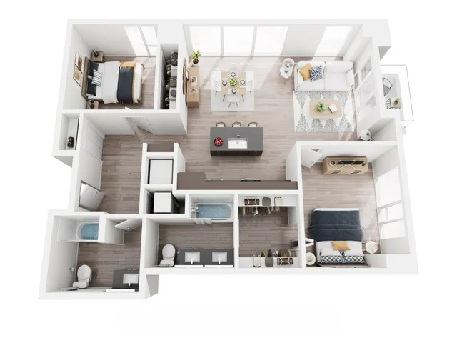 Modern apartment floor plan featuring three cozy bedrooms, a bright open-concept living and dining area, sleek kitchen island, and two stylish bathrooms.