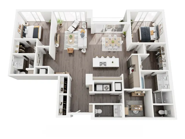 Elegant 3D floor plan showcasing a luxurious apartment with two bedrooms, open-concept living and dining area, modern kitchen with island, and spacious bathrooms.