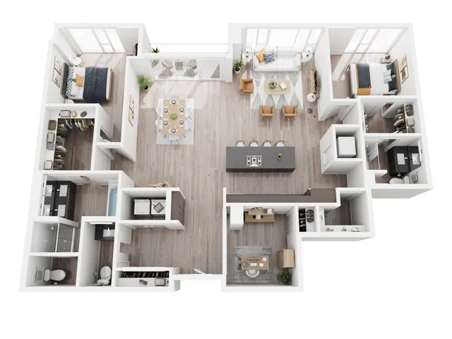 Modern 3D floor plan showcasing a luxurious 3-bedroom apartment with an open-concept living and dining area, sleek kitchen island, and spacious balcony.