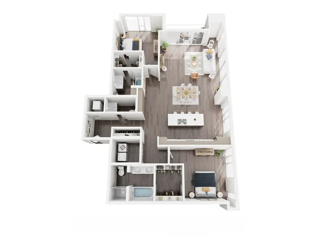 Modern 3D floor plan showcasing 3 bedrooms, a sleek open kitchen, two stylish bathrooms, and a spacious living area with abundant natural light.