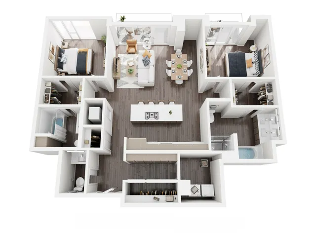 Modern 3D floor plan featuring 2 spacious bedrooms, elegant living area, well-appointed kitchen, and two bathrooms with sleek design.