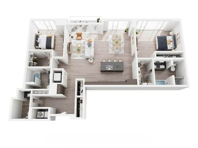 Modern and spacious 3D floor plan featuring two cozy bedrooms, a sleek open-concept kitchen with island, inviting living area, and stylish dining space. Ideal for comfortable urban living.
