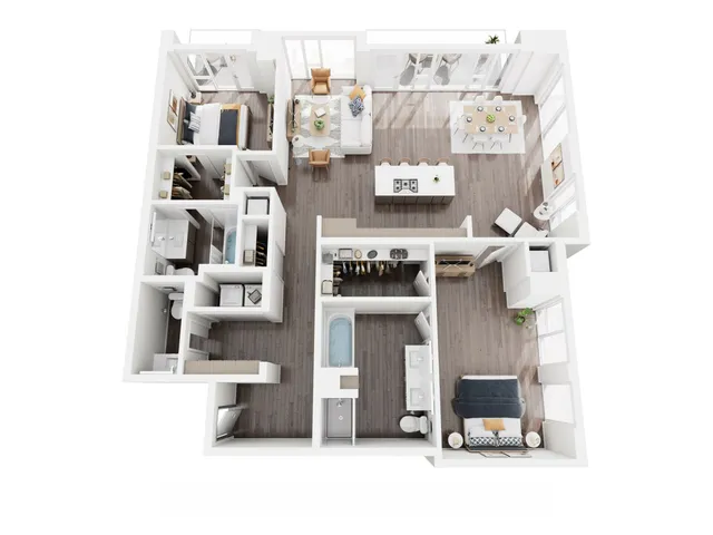 Modern and spacious apartment floor plan featuring three inviting bedrooms, an open-concept living and dining area, a sleek kitchen with island, and luxurious bathrooms. Perfect balance of comfort and style.
