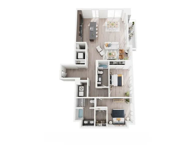 Elegant 3D floor plan featuring 3 bedrooms, an open living-dining area, modern kitchen, and spacious balcony with abundant natural light.