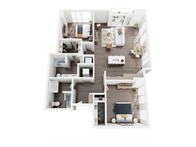 Modern 3D apartment layout featuring two bedrooms, a chic open-plan living and dining area, a sleek kitchen with bar seating, and two elegant bathrooms.