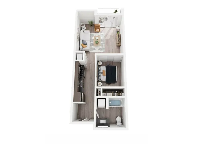 Chic apartment floor plan showcasing a cozy bedroom, modern kitchen, inviting living area, and stylish bathroom.