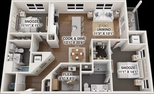 Modern 3D floor plan showcasing two spacious bedrooms labeled \'Snooze\', a sleek \'Cook & Dine\' kitchen, cozy \'Unwind\' living area, versatile \'Flex\' space, and two stylish bathrooms.
