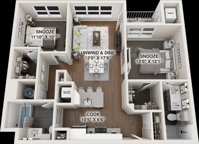 Elegant 3D floor plan showcasing a modern two-bedroom apartment with an open-concept living and dining area, a stylish kitchen, convenient laundry space, and spacious closets.