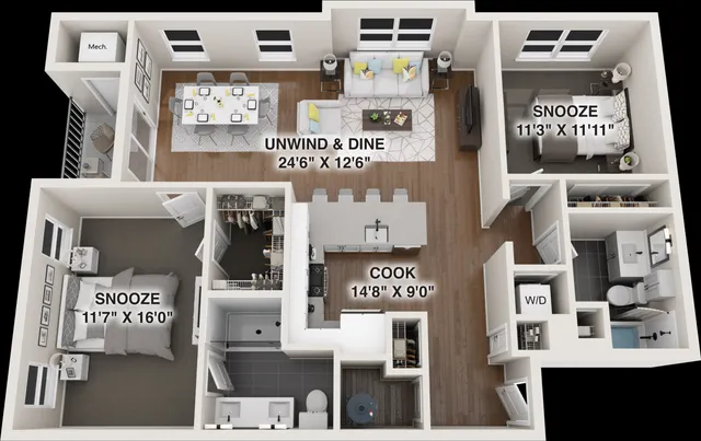 Modern 3D floor plan showcasing two cozy bedrooms, a spacious open-concept living and dining area, and a sleek kitchen, perfect for stylish urban living.