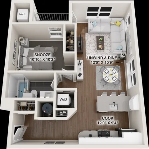 Modern floor plan showcasing a cozy 1-bedroom apartment with a spacious living and dining area, a sleek kitchen, and a functional bathroom. Perfect for comfortable urban living.