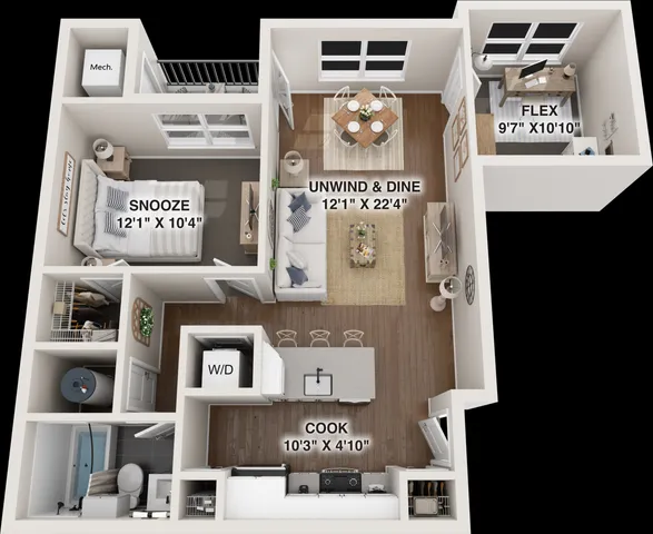 Luxe apartment floor plan showcasing a cozy bedroom, versatile flex space, and a spacious living and dining area with an open kitchen design.