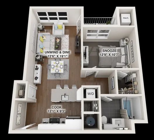 Modern 3D apartment floor plan with spacious living room, cozy bedroom, stylish kitchen, and elegant bathroom layout.