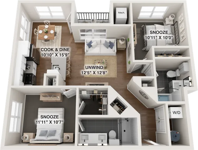Modern 3D floor plan showcasing a cozy layout with two bedrooms labeled \'Snooze,\' a sleek kitchen and dining area under \'Cook & Dine,\' spacious living area titled \'Unwind,\' and convenient bathrooms and storage spaces.