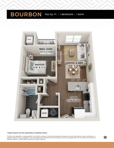 Bourbon floor plan showcasing a modern 1 bedroom, 1 bath apartment with an open living and dining area, and an elegant kitchen, spanning 702 sq. ft.