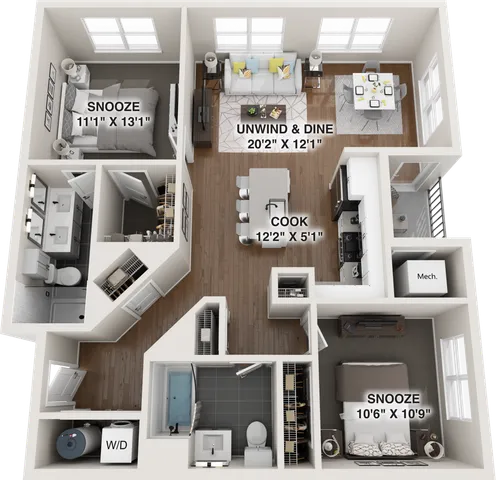 Modern 3D floor plan showcasing two bedrooms labeled as \'Snooze\', a spacious \'Unwind & Dine\' area, a stylish kitchen labeled \'Cook\', a bathroom, and essential utilities including W/D.