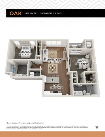 Oak floor plan illustrating a modern 1,152 sq. ft. apartment with 2 bedrooms, 2 bathrooms, featuring an open-concept living and dining area, and a well-designed kitchen.