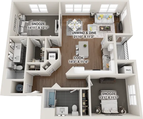 Modern 3D floor plan showcasing a spacious 2-bedroom apartment with a stylish open-concept living and dining area, sleek kitchen, and two well-sized bathrooms. Includes a cozy breakfast nook and ample natural lighting.