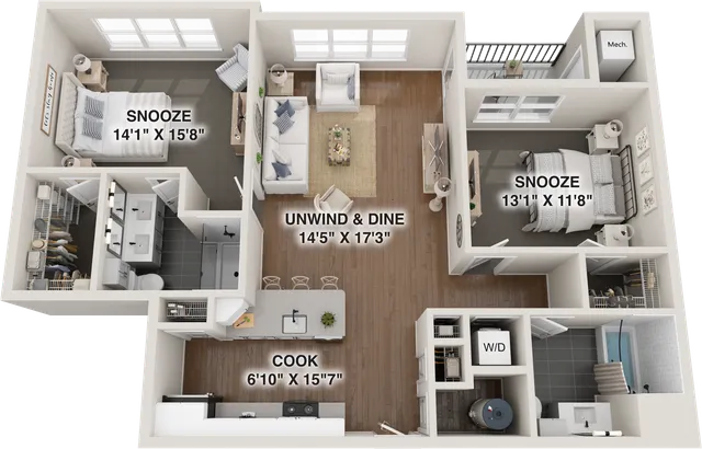 Chic 3D floor plan highlighting two spacious bedrooms, modern kitchen, and inviting living and dining area.