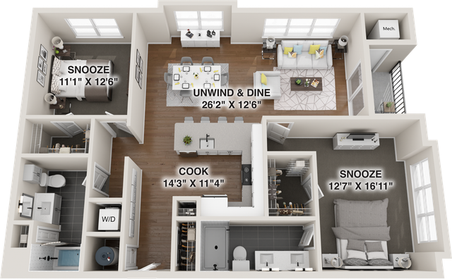Chic 3D floor plan showcasing 2 spacious bedrooms, an inviting open-concept living and dining area, and a modern kitchen.