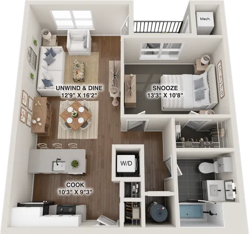 Modern 2D floor plan showcasing a spacious living area for unwinding and dining, a cozy bedroom labeled \'Snooze,\' a sleek kitchen space labeled \'Cook,\' and a contemporary bathroom. Includes in-unit laundry and ample storage.