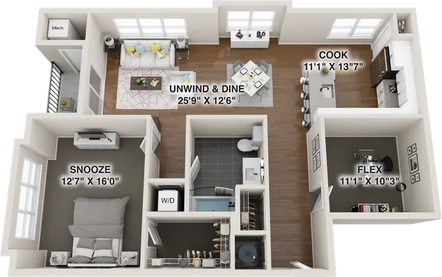 Modern open-concept apartment layout featuring a spacious living and dining area, sleek kitchen, cozy bedroom, versatile flex space, and elegant bathroom.