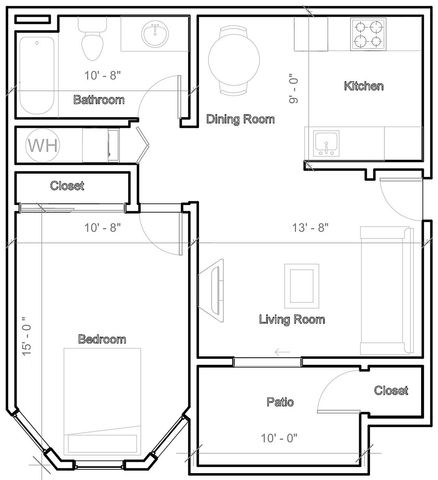 Chic floor plan showcasing a spacious 1-bedroom apartment with an inviting living room, modern kitchen, and convenient patio.