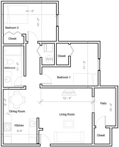 Elegant floor plan with 2 bedrooms, spacious living room, cozy dining area, modern kitchen, and inviting patio.
