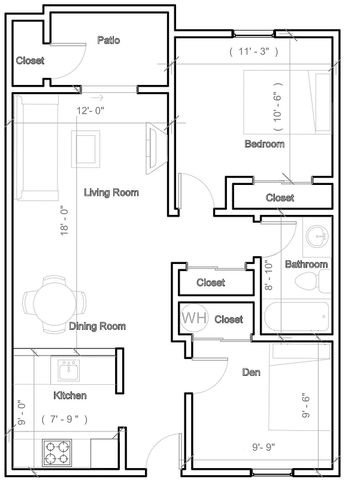 Charming floor plan showcasing a spacious layout with a bedroom, stylish den, cozy living room, and an inviting patio.