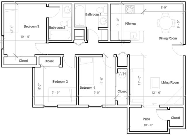 Elegant floor plan with 3 bedrooms, 2 bathrooms, open kitchen, dining area, inviting living room, and a cozy patio.