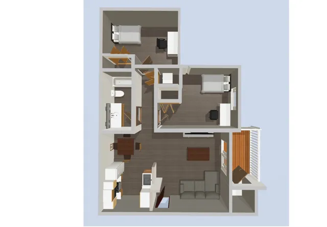 Modern 3D floor plan showcasing 2 cozy bedrooms, elegant living area, and a streamlined kitchen, perfect for urban living.