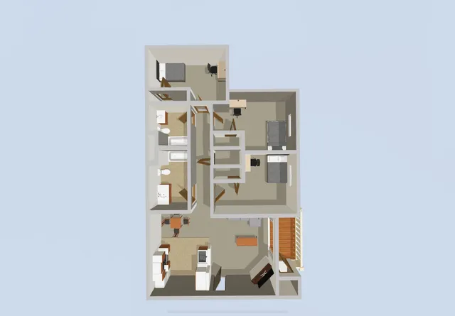 Inviting 3D floor plan showcasing 3 bedrooms, 2 modern bathrooms, and a spacious open-concept living and dining area with stylish kitchen design.