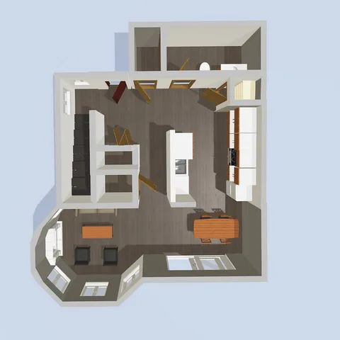 Chic and modern 3D floor plan for the lower level of a 3 bed townhome showcasing an open-concept living area, sleek kitchen, and cozy seating spaces.