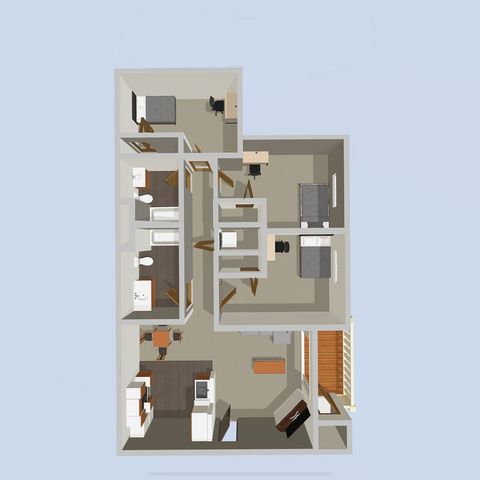 Modern 3D floor plan showcasing 3 bedrooms, 2 bathrooms, a stylish open living area, and a contemporary kitchen design.