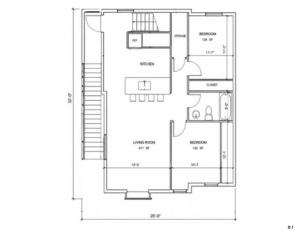 Elegant floor plan featuring an open-concept kitchen, spacious living room, and two cozy bedrooms, ideal for modern living.